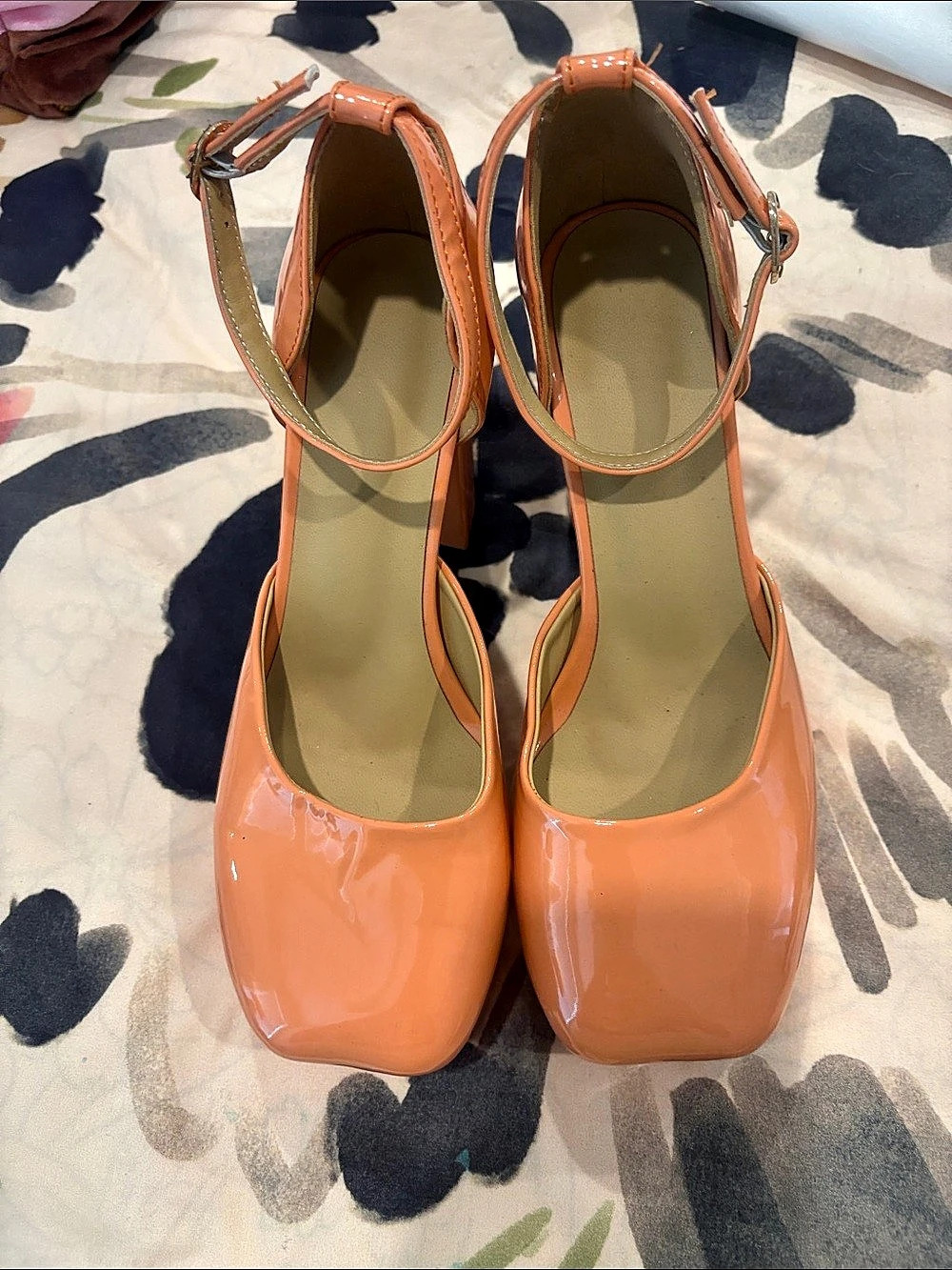Orange Patent Ankle Strap Heels